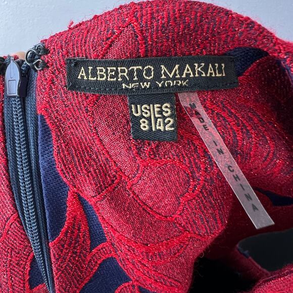 ALBERTO MAKALI Jacquard Fit & Flare Dress Red Blue Sleeveless Lace Trim Size 8 - Picture 10 of 12